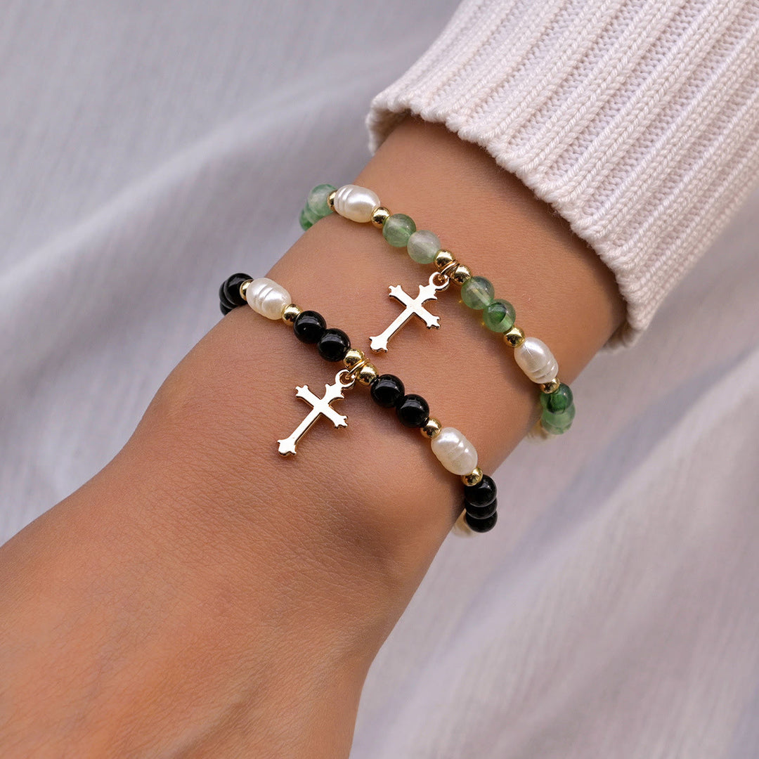 Christianartworkshop Duo de bracelets croix à perles empilables : un emblème de foi inébranlable et de beauté polyvalente - Vert et noir - image 0