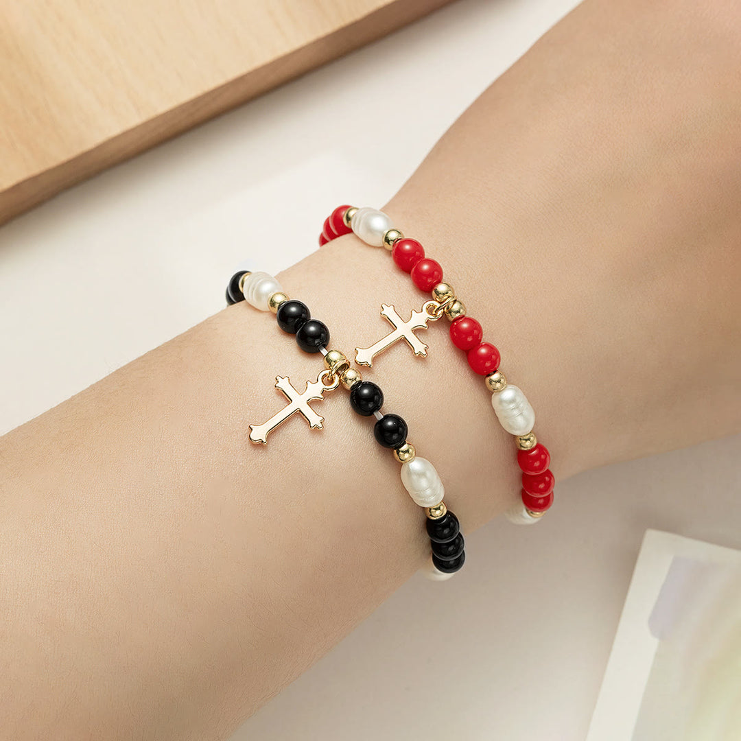 Christianartworkshop Duo de bracelets croix à perles empilables : un emblème de foi inébranlable et de beauté polyvalente - Rouge et noir - image 5