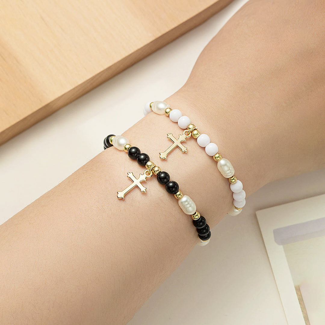 Christianartworkshop Duo de bracelets croix à perles empilables : un emblème de foi inébranlable et de beauté polyvalente - Blanc et noir - image 6