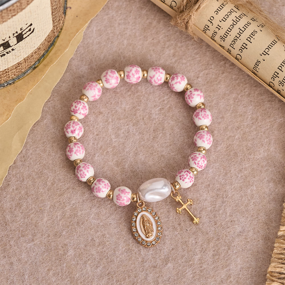 Christianartworkshop Bracelet de perles en céramique à motif floral bleu et rose avec une grande perle blanche : un rappel de la grâce divine - image 2