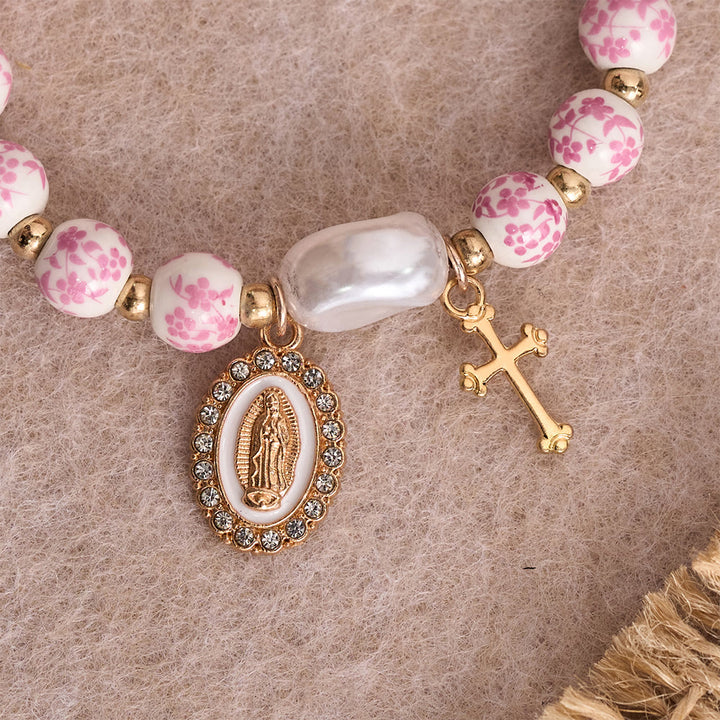 Christianartworkshop Bracelet de perles en céramique à motif floral bleu et rose avec une grande perle blanche : un rappel de la grâce divine - image 4