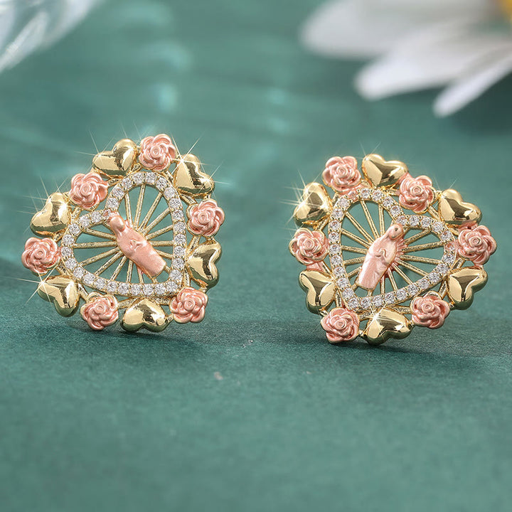 Christianartworkshop Boucles d'oreilles mariales ornées de roses roses et d'un halo de zirconiums : un symbole de dévotion - Cœur - image 3