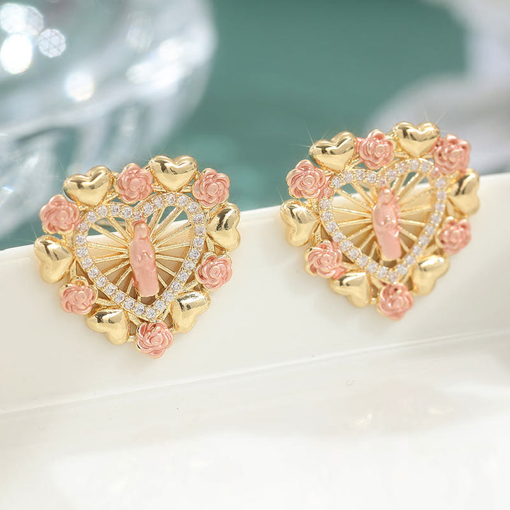 Christianartworkshop Boucles d'oreilles mariales ornées de roses roses et d'un halo de zirconiums : un symbole de dévotion - image 4