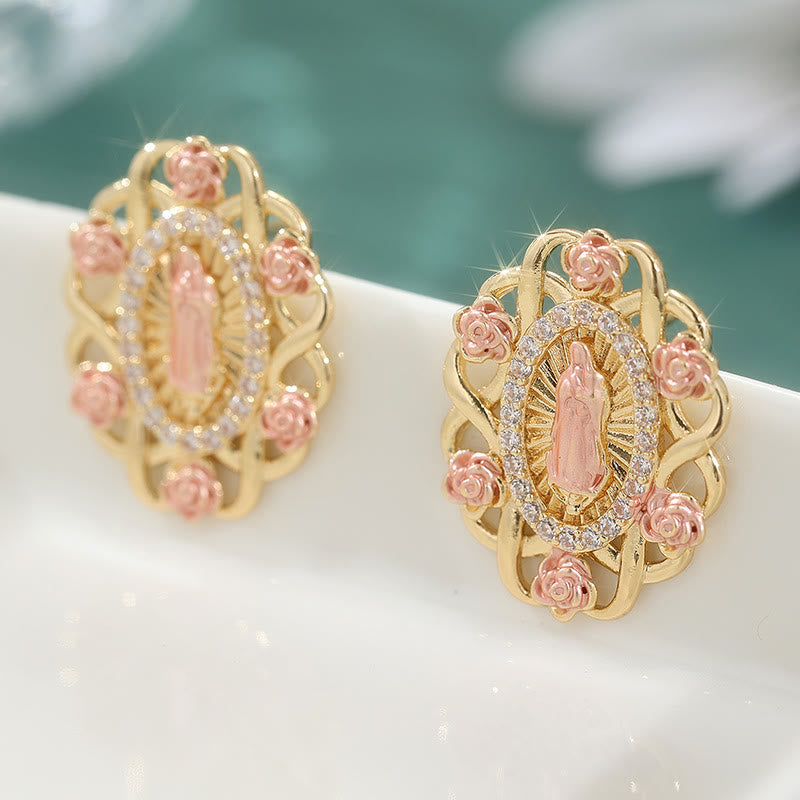 Christianartworkshop Boucles d'oreilles mariales ornées de roses roses et d'un halo de zirconiums : un symbole de dévotion - image 1
