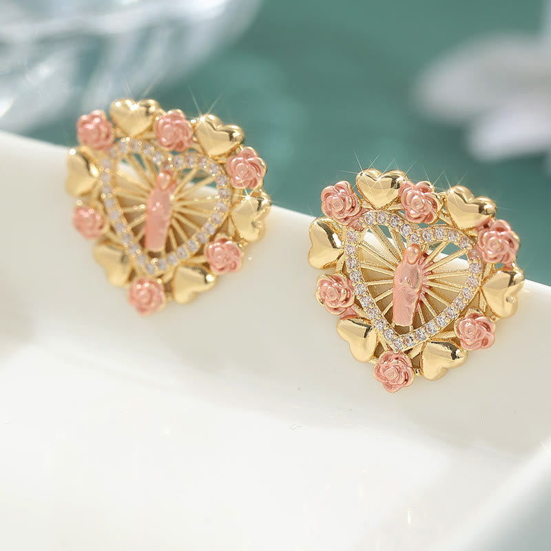 Christianartworkshop Boucles d'oreilles mariales ornées de roses roses et d'un halo de zirconiums : un symbole de dévotion - image 5
