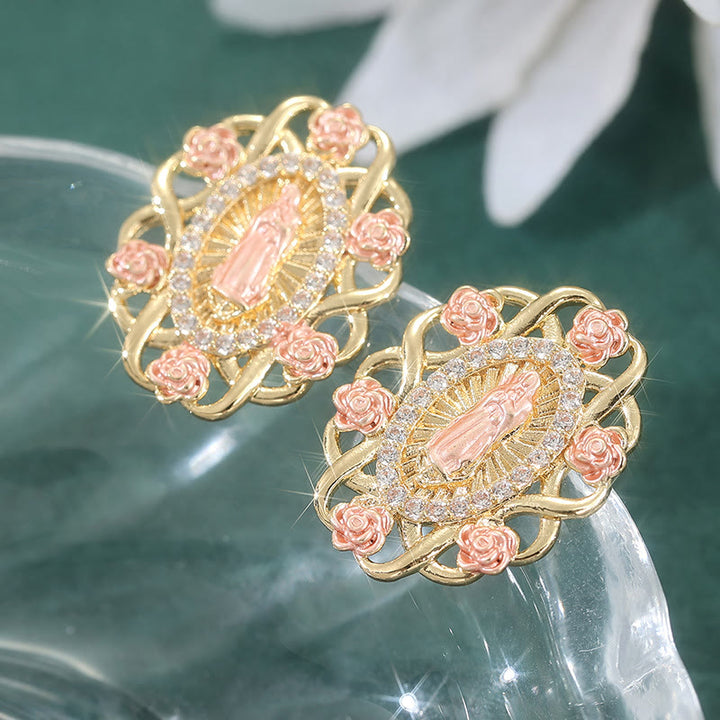 Christianartworkshop Boucles d'oreilles mariales ornées de roses roses et d'un halo de zirconiums : un symbole de dévotion - Ovale - image 0