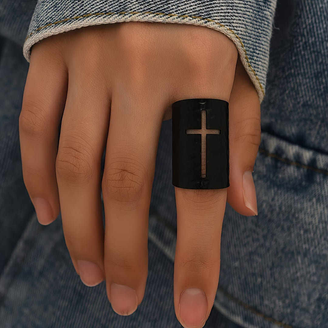 Christianartworkshop Bague croix large ajustable à finition texturée : un symbole quotidien de foi et de confiance - Noir (Convient aux pointures américaines 7 à 9) - image 4