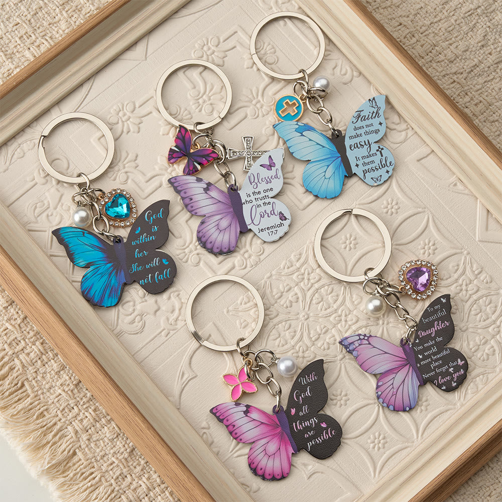 Christianartworkshop Porte-clés papillon coloré avec verset biblique inspirant et breloque en forme de cœur : un symbole de foi et de transformation - image 0