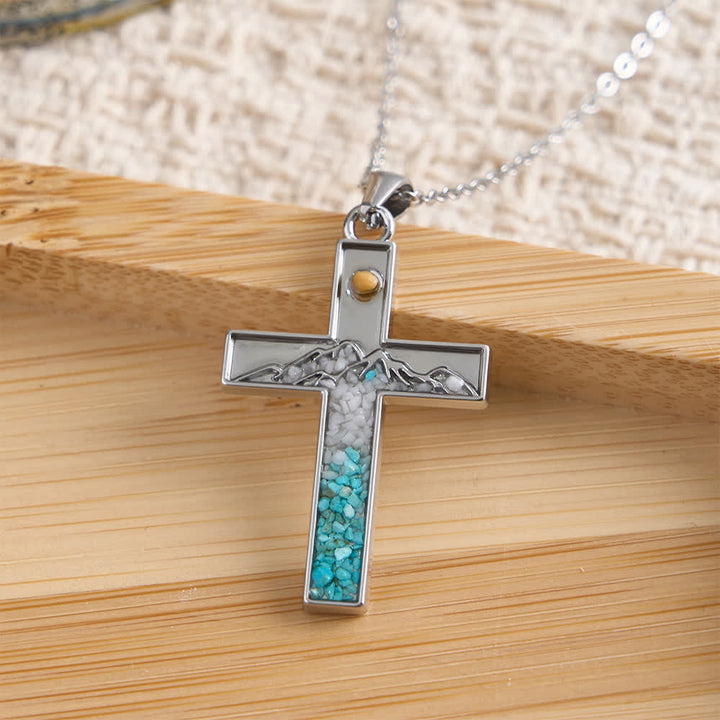 Christianartworkshop Collier Croissant de Lune et Croix « Graine de Moutarde » : Incrustation turquoise et design argenté - Croix - image 2