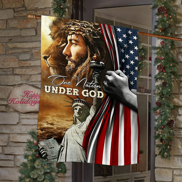 Christianartworkshop Drapeau de jardin « Une nation sous Dieu » avec le lion de Jésus et la liberté : un symbole de foi et de patriotisme - image 3