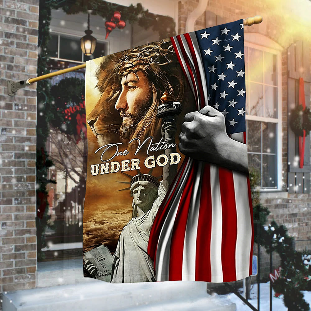 Christianartworkshop Drapeau de jardin « Une nation sous Dieu » avec le lion de Jésus et la liberté : un symbole de foi et de patriotisme - image 1