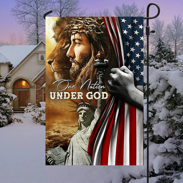 Christianartworkshop Drapeau de jardin « Une nation sous Dieu » avec le lion de Jésus et la liberté : un symbole de foi et de patriotisme - image 2
