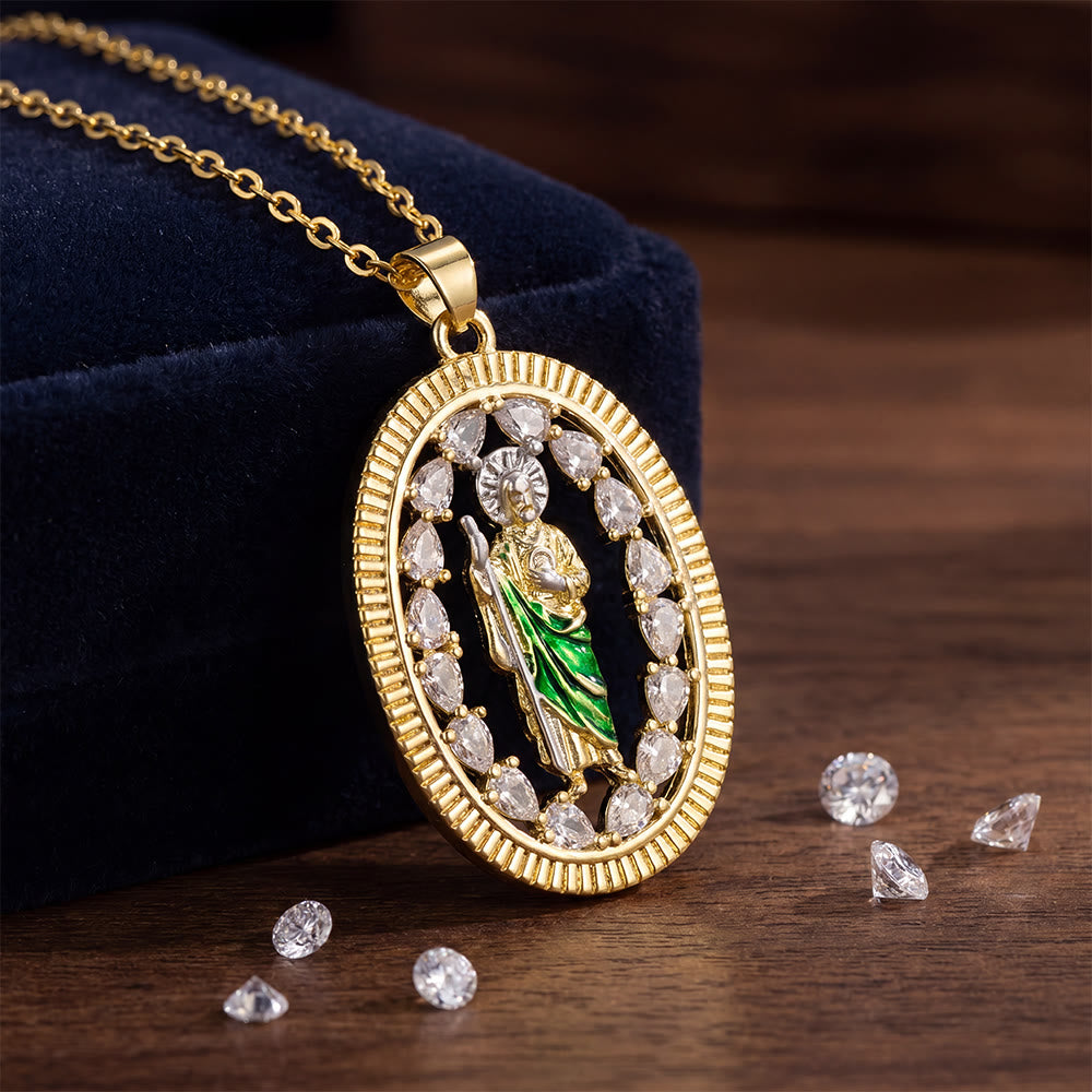 Collier pendentif Saint Jude en émail avec halo de zircon, créé par Christianartworkshop : un symbole d’espoir et de protection divine. - image 4