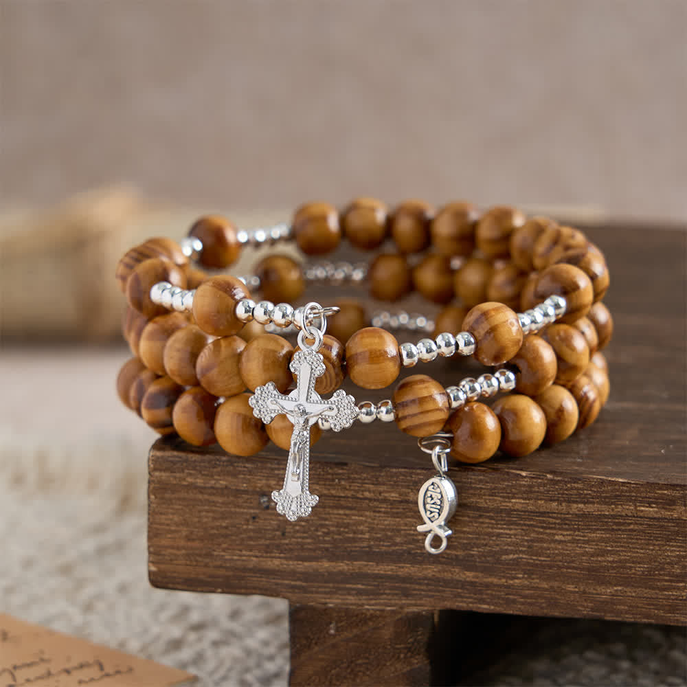 Christianartworkshop Bracelet chapelet en bois d'olivier naturel avec fil mémoire, orné d'Ichthys et d'un crucifix. - image 4