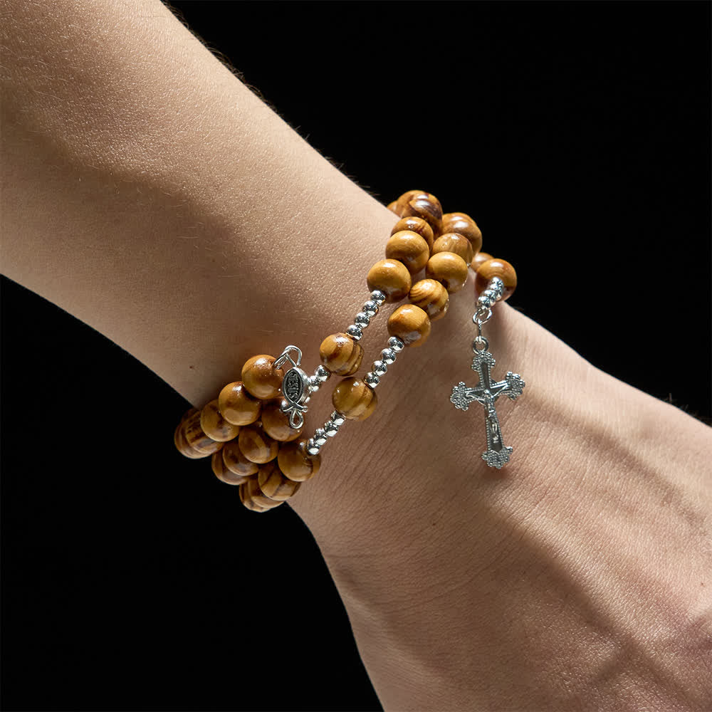 Christianartworkshop Bracelet chapelet en bois d'olivier naturel avec fil mémoire, orné d'Ichthys et d'un crucifix. - image 1