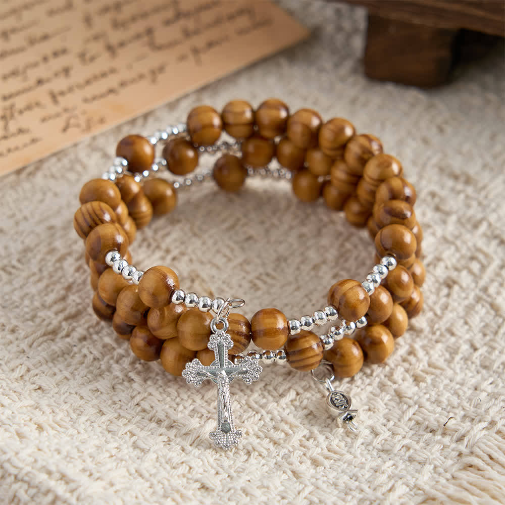 Christianartworkshop Bracelet chapelet en bois d'olivier naturel avec fil mémoire, orné d'Ichthys et d'un crucifix. - image 6
