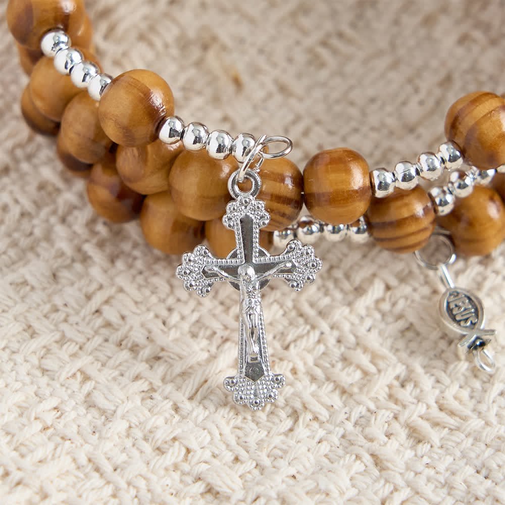 Christianartworkshop Bracelet chapelet en bois d'olivier naturel avec fil mémoire, orné d'Ichthys et d'un crucifix. - image 9
