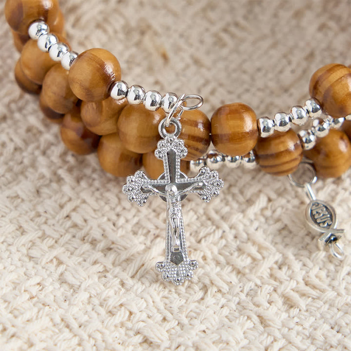 Christianartworkshop Bracelet chapelet en bois d'olivier naturel avec fil mémoire, orné d'Ichthys et d'un crucifix. - image 9
