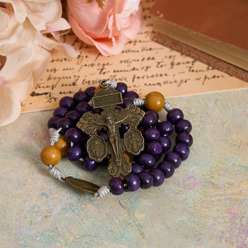 Christianartworkshop Chapelet en bois d'érable pourpre foncé et en bois de pêcher avec médaille miraculeuse pour la protection de la paix - image 2