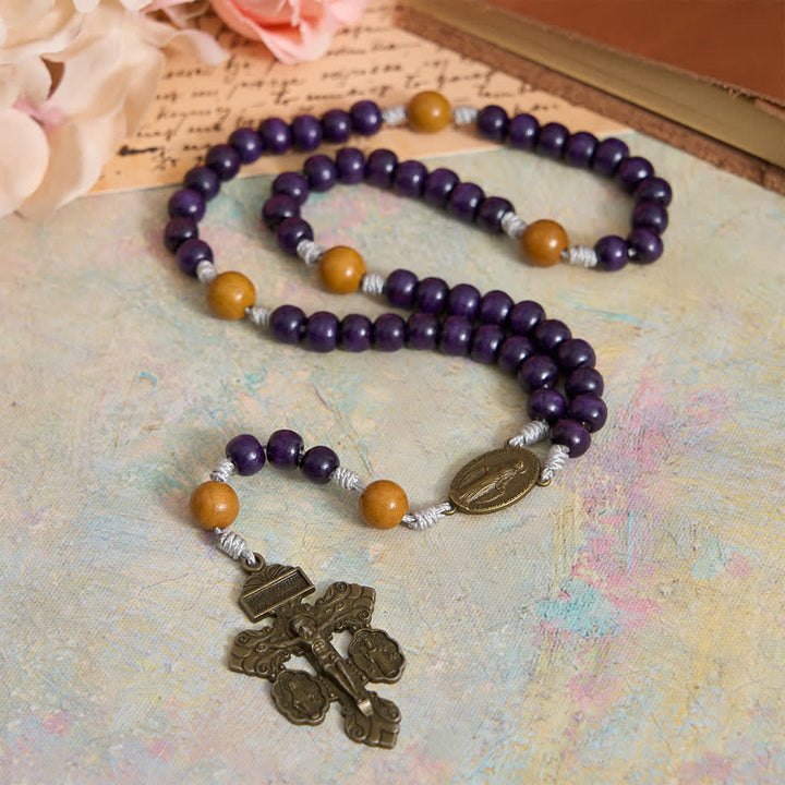 Christianartworkshop Chapelet en bois d'érable pourpre foncé et en bois de pêcher avec médaille miraculeuse pour la protection de la paix - Notre-Dame et le Crucifix - image 0