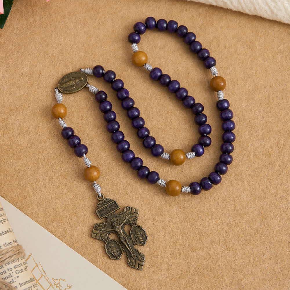 Christianartworkshop Chapelet en bois d'érable pourpre foncé et en bois de pêcher avec médaille miraculeuse pour la protection de la paix - image 3