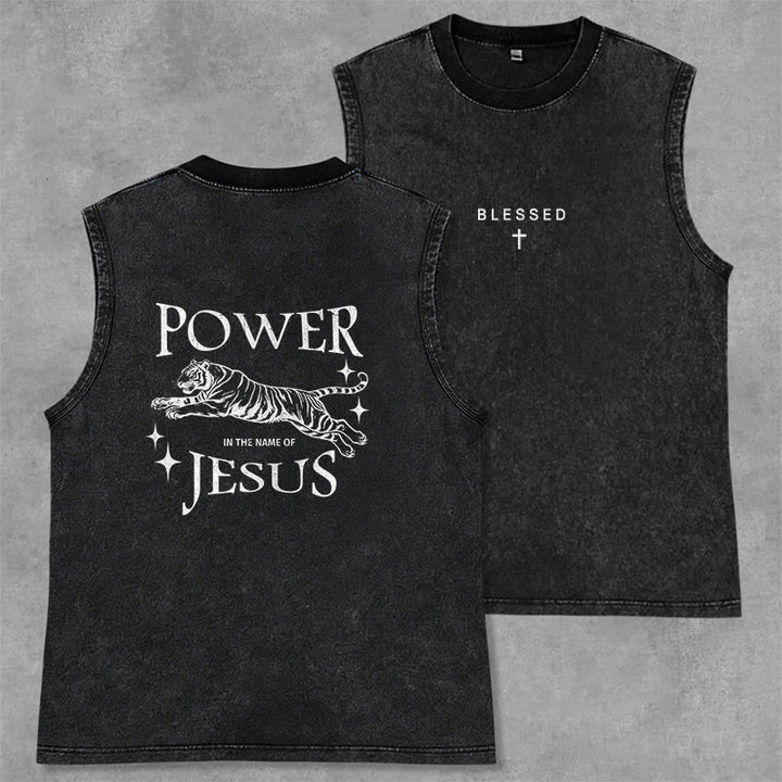 Christianartworkshop Débardeur à motif tigre « Puissance au nom de Jésus » - Noir - 2XL - image 0
