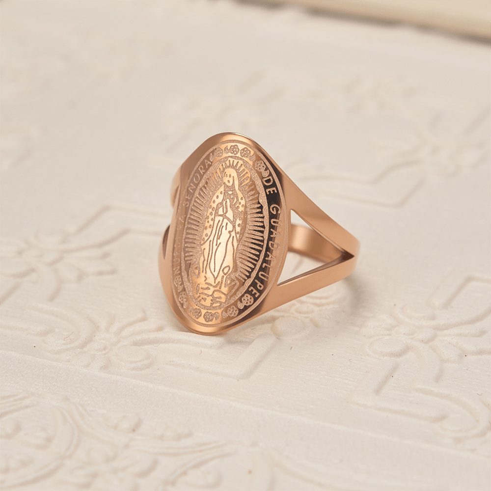 Christianartworkshop Bague de dévotion gravée à l'effigie de Notre-Dame de Guadalupe : emblème de la grâce mariale et de la protection divine - Rose doré - 10 US - image 4
