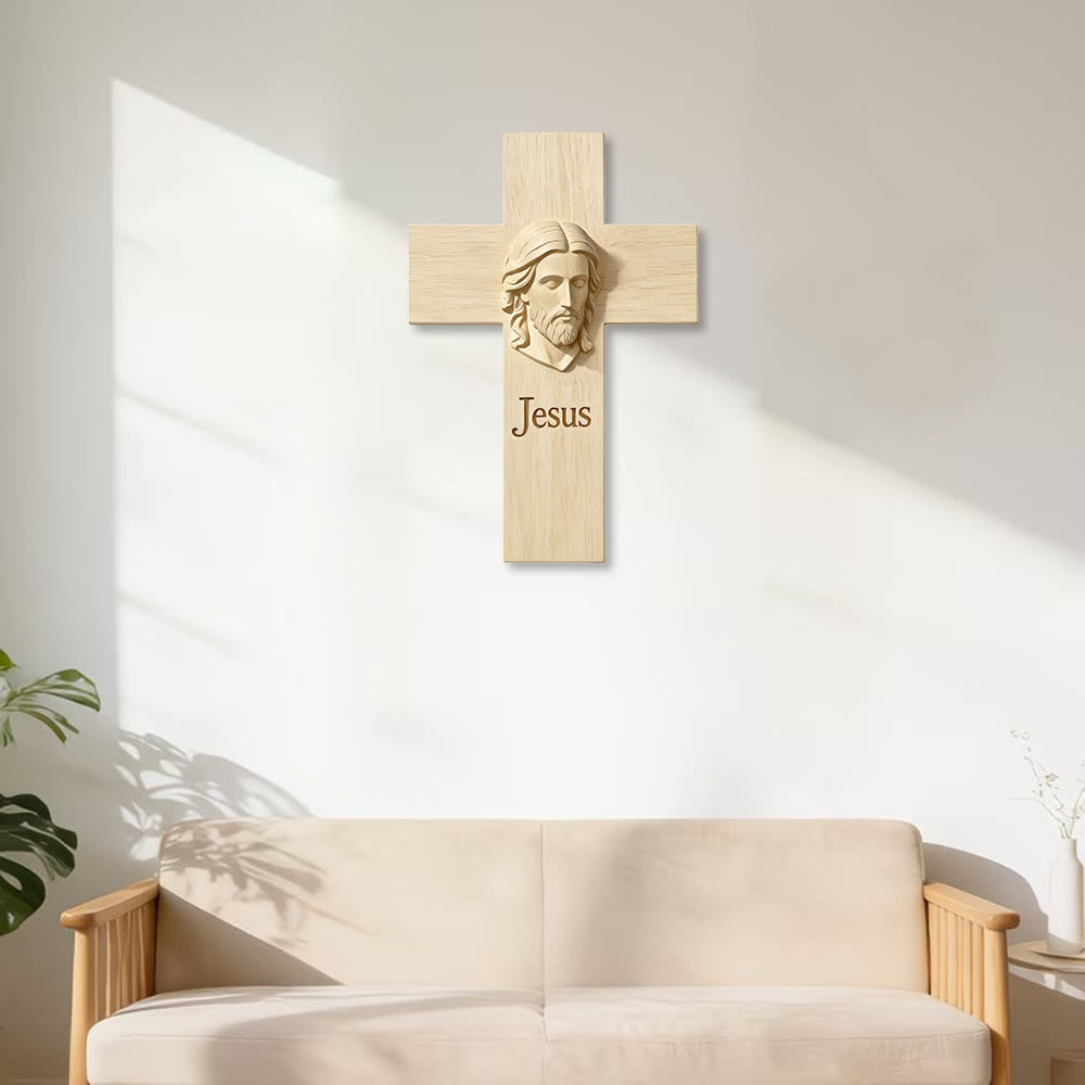 Croix en bois naturel Christianartworkshop , décoration murale en bois avec image imprimée de Jésus : un rappel de foi et d’amour - image 2