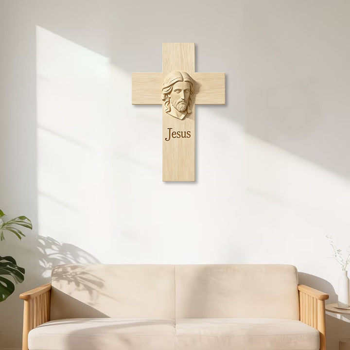 Croix en bois naturel Christianartworkshop , décoration murale en bois avec image imprimée de Jésus : un rappel de foi et d’amour - image 2