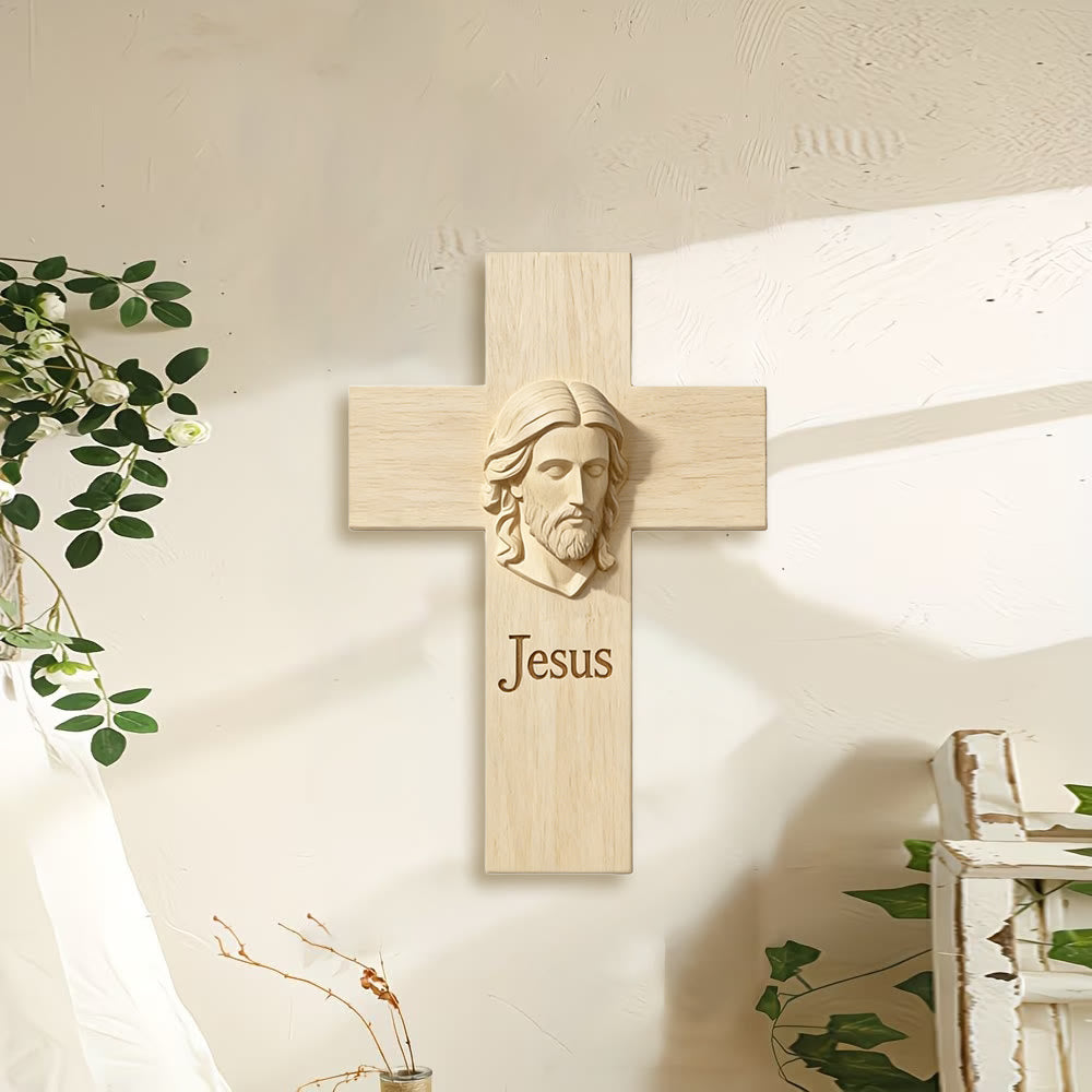 Croix en bois naturel Christianartworkshop , décoration murale en bois avec image imprimée de Jésus : un rappel de foi et d’amour - image 1