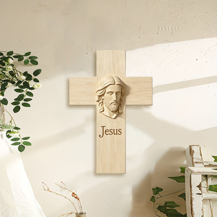 Croix en bois naturel Christianartworkshop , décoration murale en bois avec image imprimée de Jésus : un rappel de foi et d’amour - image 1