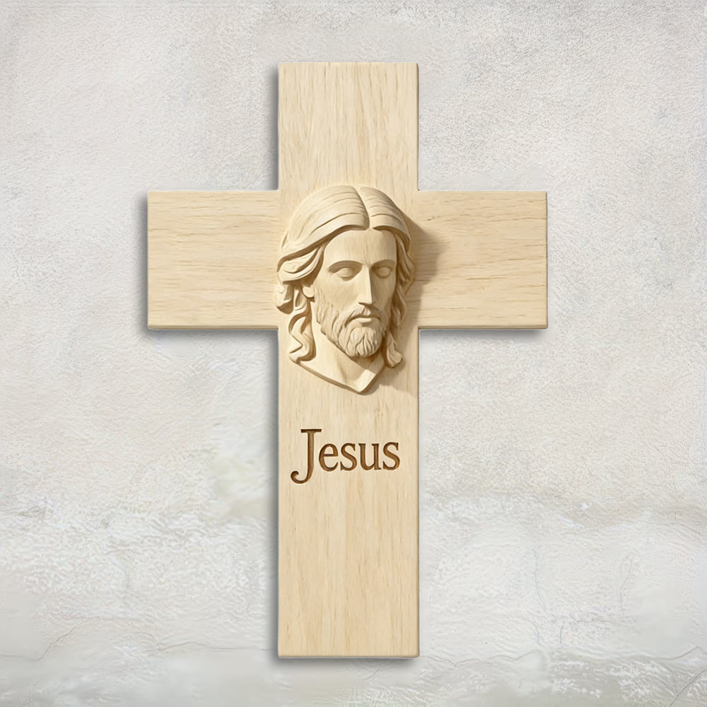Croix en bois naturel Christianartworkshop , décoration murale en bois avec image imprimée de Jésus : un rappel de foi et d’amour - 13,39''*19,7''*0,2''/34*50*0,5cm - image 0
