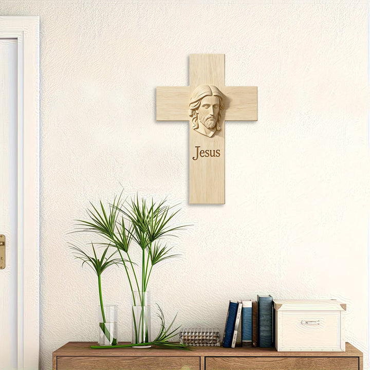 Croix en bois naturel Christianartworkshop , décoration murale en bois avec image imprimée de Jésus : un rappel de foi et d’amour - image 3