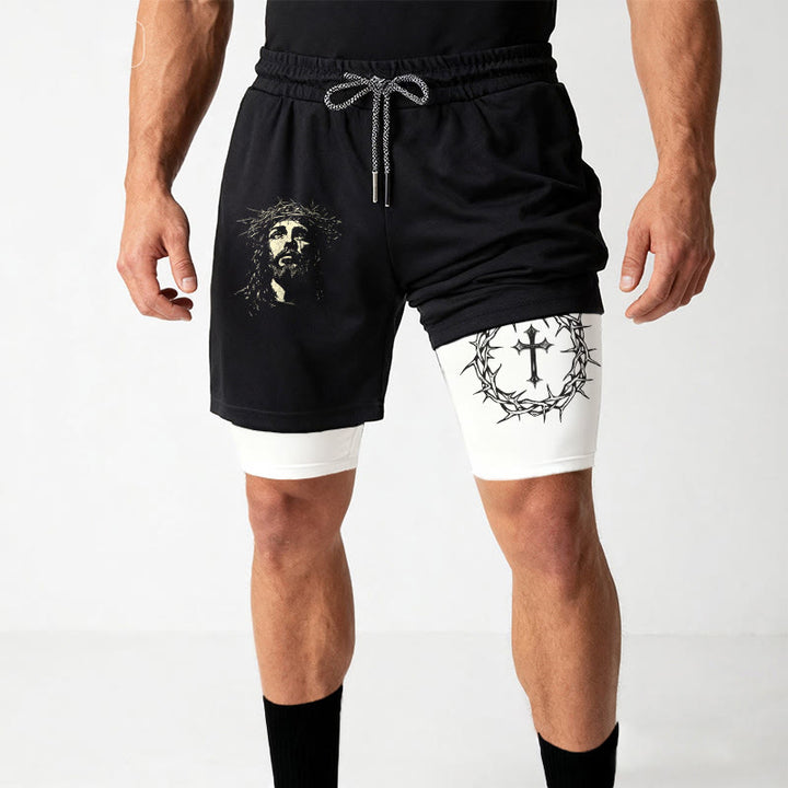Christianartworkshop Short de sport superposé avec croix Jésus et couronne d'épines - image 2