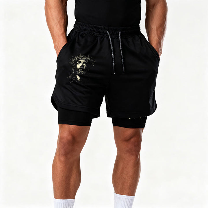 Christianartworkshop Short de sport superposé avec croix Jésus et couronne d'épines - image 12