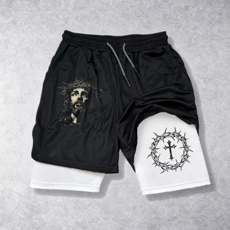 Christianartworkshop Short de sport superposé avec croix Jésus et couronne d'épines - image 1