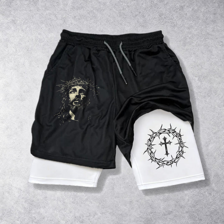 Christianartworkshop Short de sport superposé avec croix Jésus et couronne d'épines - image 1