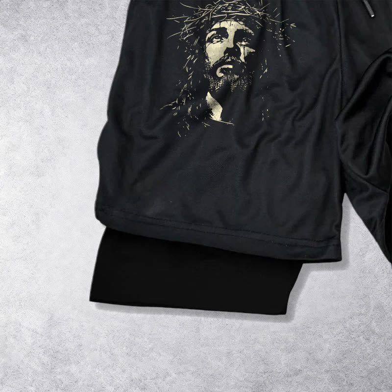 Christianartworkshop Short de sport superposé avec croix Jésus et couronne d'épines - image 14