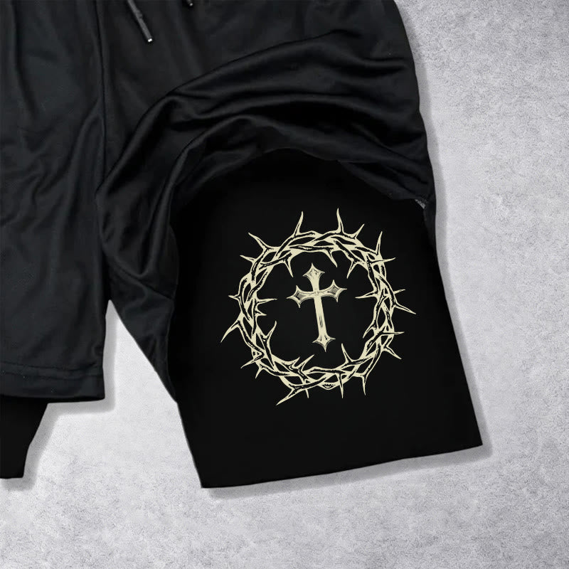 Christianartworkshop Short de sport superposé avec croix Jésus et couronne d'épines - image 15