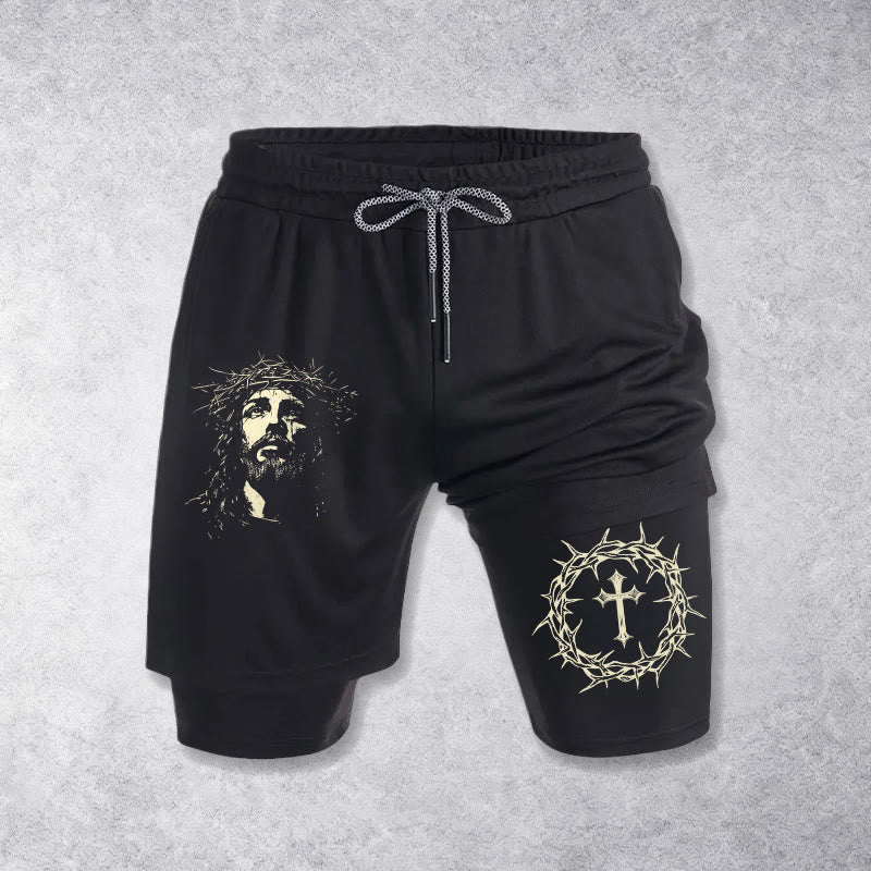 Christianartworkshop Short de sport superposé avec croix Jésus et couronne d'épines - Noir - 3XL - image 9