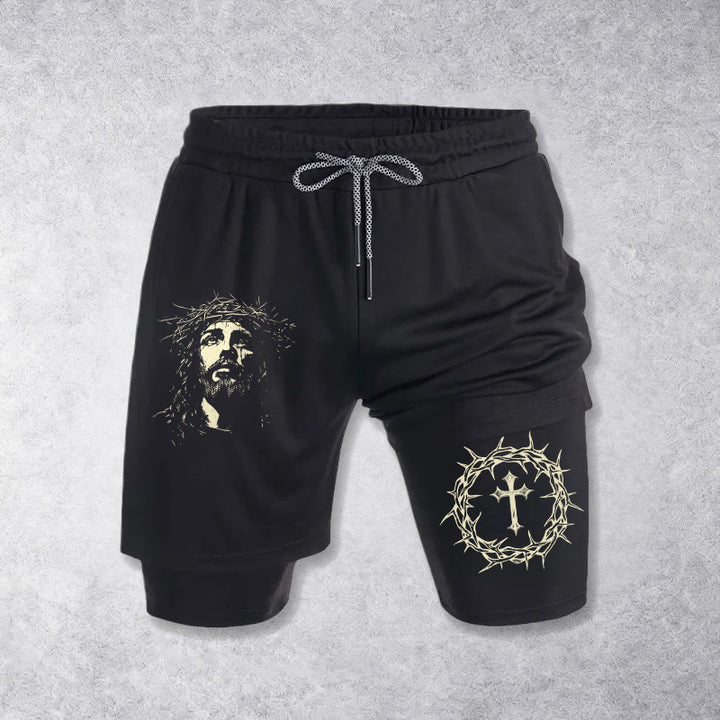 Christianartworkshop Short de sport superposé avec croix Jésus et couronne d'épines - Noir - 3XL - image 9