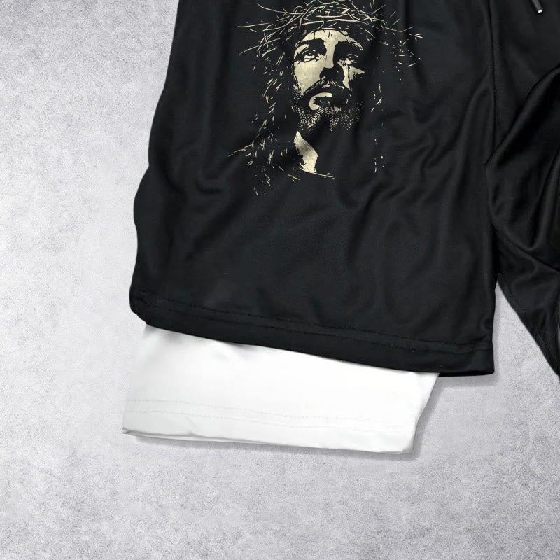 Christianartworkshop Short de sport superposé avec croix Jésus et couronne d'épines - image 5