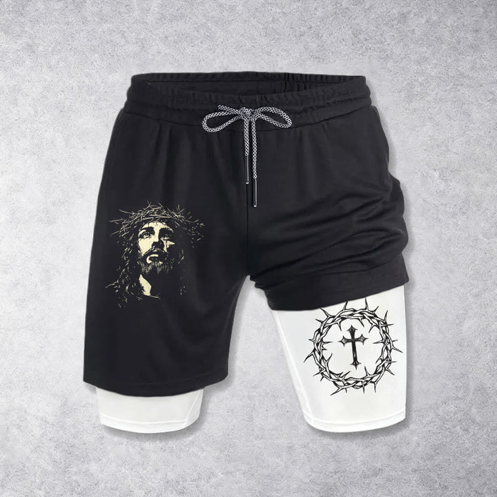 Christianartworkshop Short de sport superposé avec croix Jésus et couronne d'épines - Blanc - 3XL - image 0