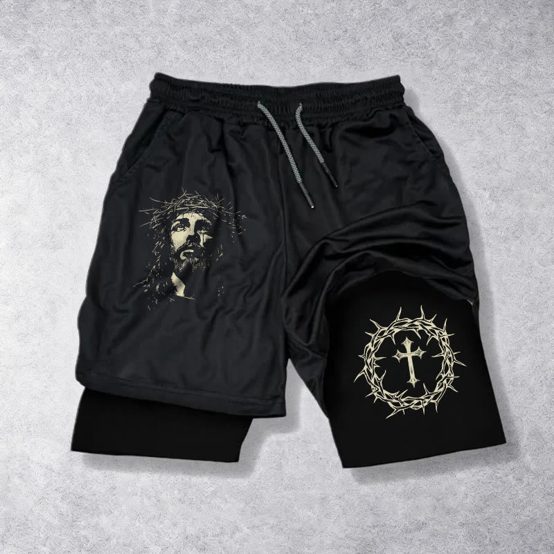 Christianartworkshop Short de sport superposé avec croix Jésus et couronne d'épines - image 10