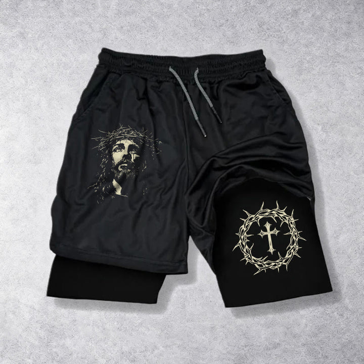 Christianartworkshop Short de sport superposé avec croix Jésus et couronne d'épines - image 10