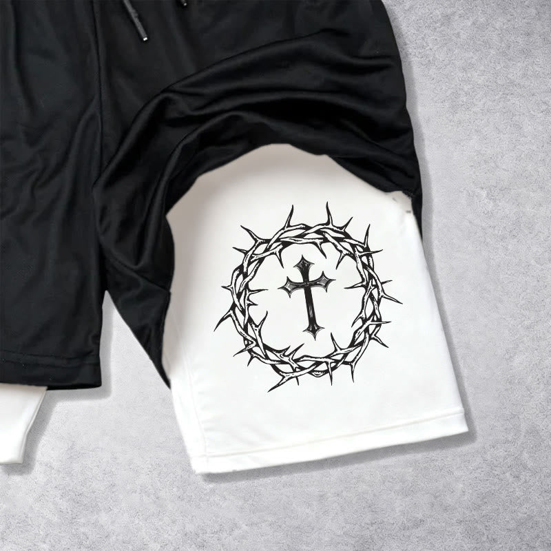 Christianartworkshop Short de sport superposé avec croix Jésus et couronne d'épines - image 6