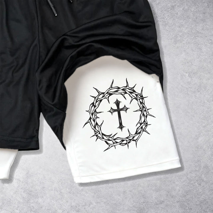 Christianartworkshop Short de sport superposé avec croix Jésus et couronne d'épines - image 6