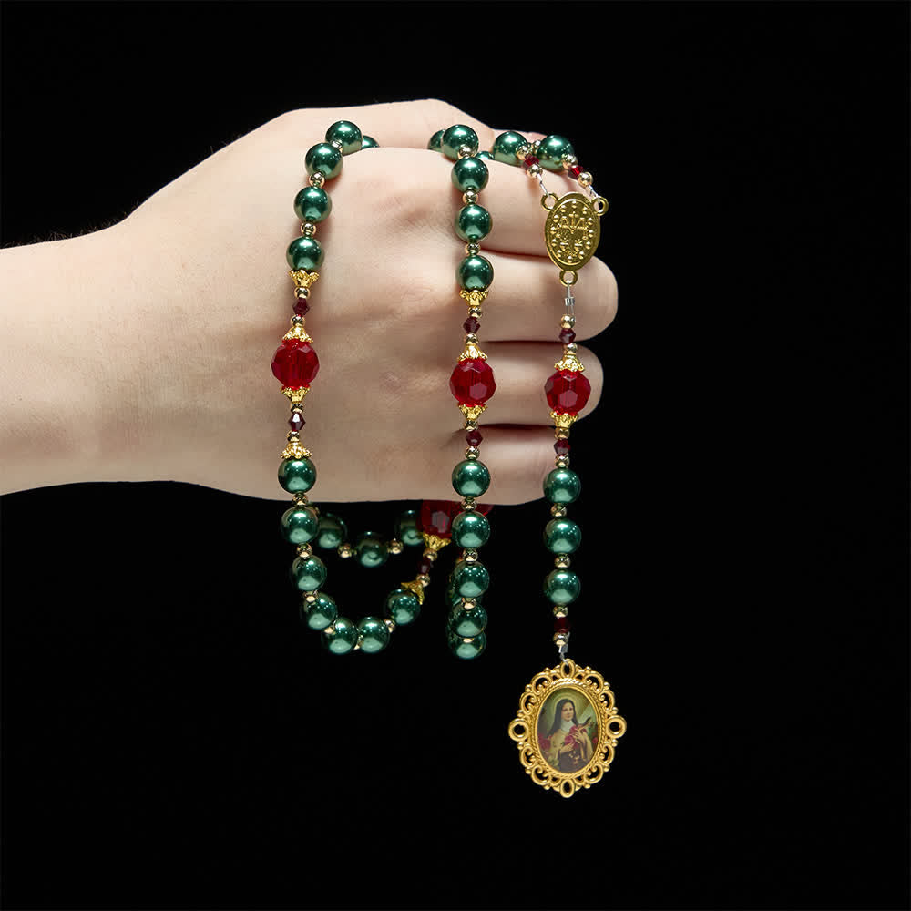 Christianartworkshop Chapelet vintage vert foncé Sainte Thérèse Sept Douleurs avec des accents rouge rubis - image 1