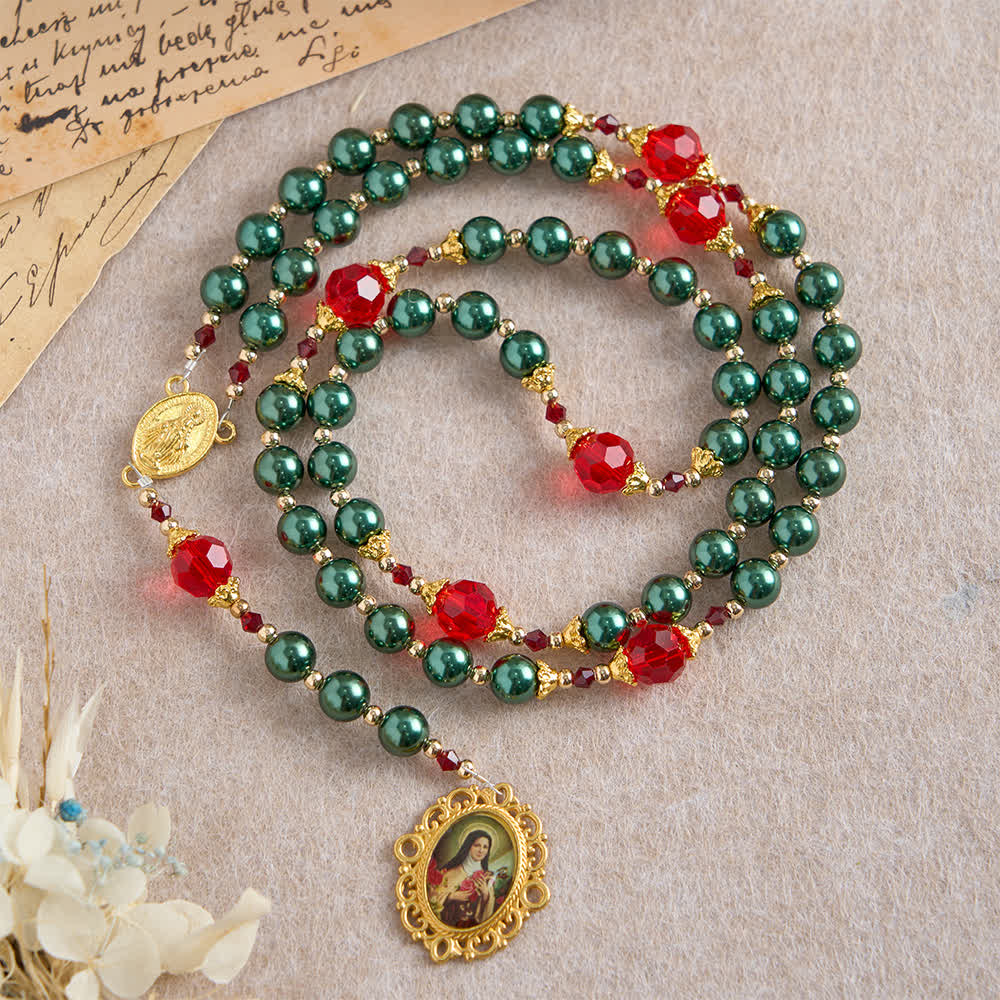 Christianartworkshop Chapelet vintage vert foncé Sainte Thérèse Sept Douleurs avec des accents rouge rubis - Notre-Dame et le Crucifix - image 0