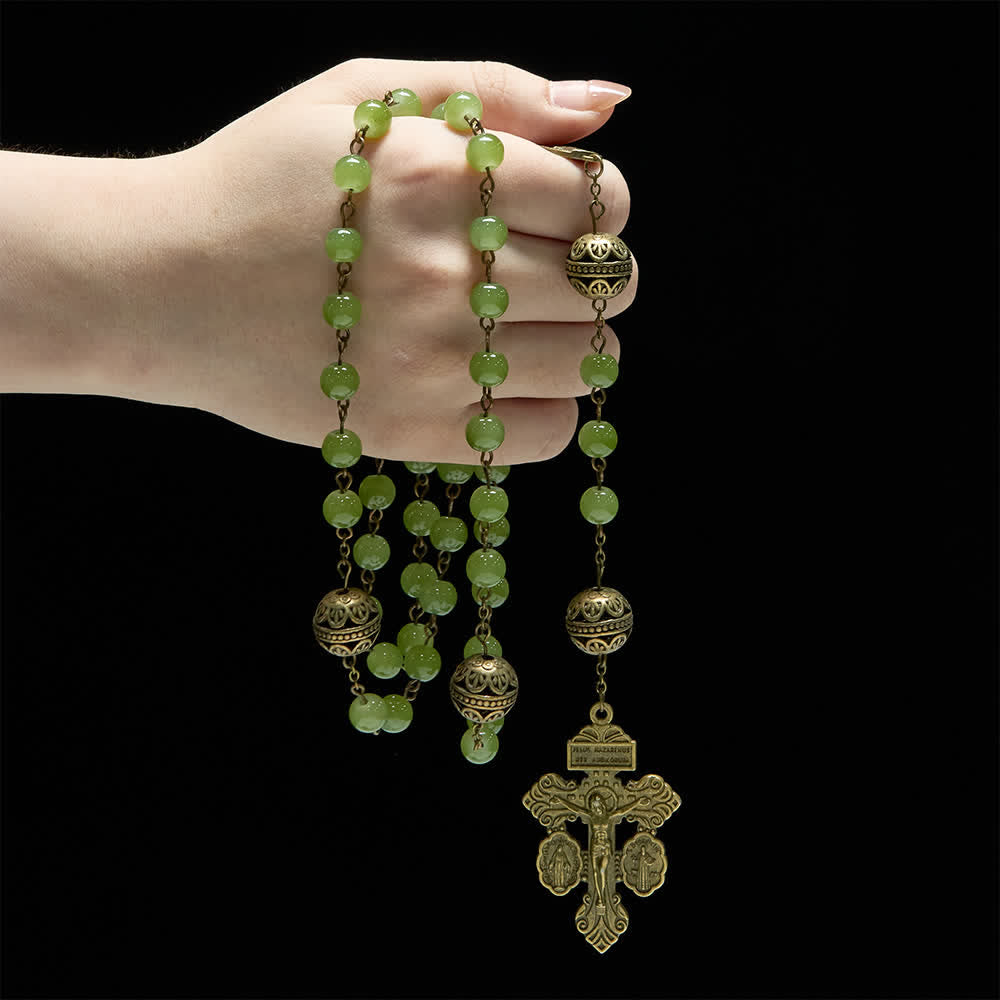 Christianartworkshop Chapelet en bronze filigrané et verre vert olive avec Notre-Dame - image 1